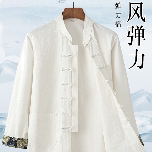 春秋唐装男款中国风中式服装弹力纯棉长袖复古盘扣汉服古风居士服