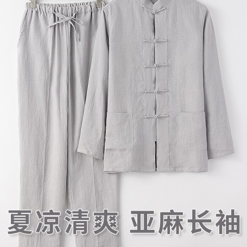 中老年唐装男青年中国风夏季衬衫纯亚麻套装盘扣麻料长袖中式男装图2