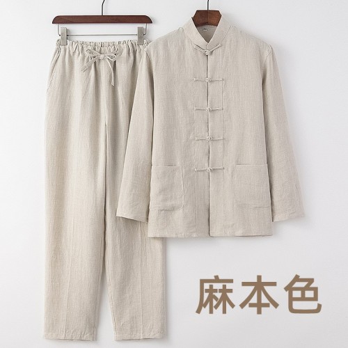 中老年唐装男青年中国风夏季衬衫纯亚麻套装盘扣麻料长袖中式男装