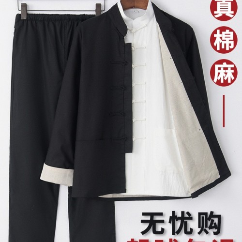 中国风春秋款唐装男青年复古男装棉麻套装两件套男士盘扣一整套图3