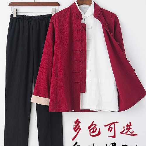 春秋新款男唐装中老年潮牌复古中国风青年中式男装棉麻套装三件套图2