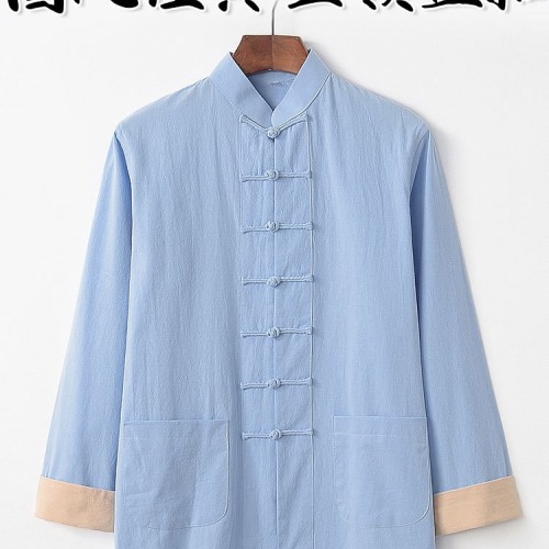 春秋款唐装男中老年爸爸装古风中国风中式服装棉麻上衣复古居士服图3