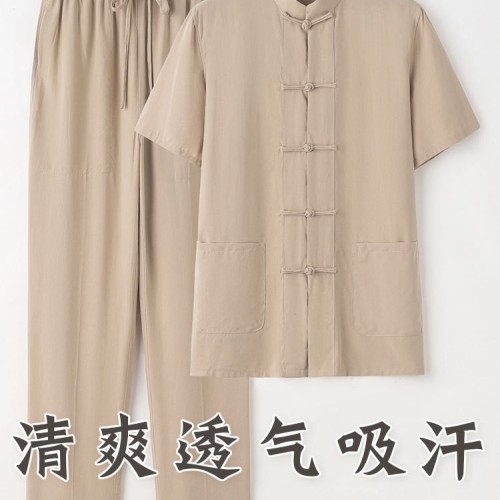 中老年唐装男爸爸夏装短袖套装薄款天丝棉麻夏季夏天凉感中式衣服图2