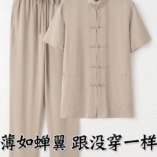 中老年唐装男爸爸夏装短袖套装薄款天丝棉麻夏季夏天凉感中式衣服图3