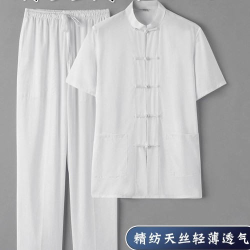 中老年唐装男爸爸夏装短袖套装薄款天丝棉麻夏季夏天凉感中式衣服图1