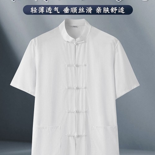 中老年唐装男夏装短袖上衣新中式夏季薄款中国风天丝衬衫夏天凉感图1