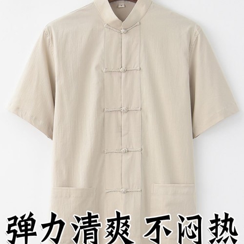 夏季薄款唐装男中老年新中式服装中国风复古盘扣立领弹力短袖上衣图3