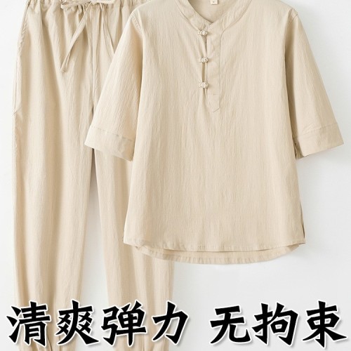 唐装男款夏季弹力棉麻V领薄款中袖T恤衫束脚裤套装古风盘扣五分袖图3