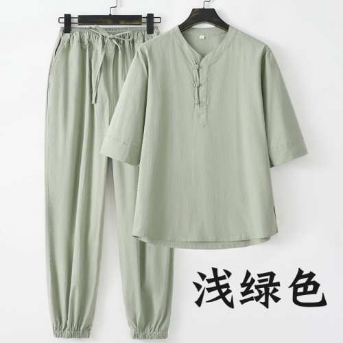 唐装男款夏季弹力棉麻V领薄款中袖T恤衫束脚裤套装古风盘扣五分袖图2