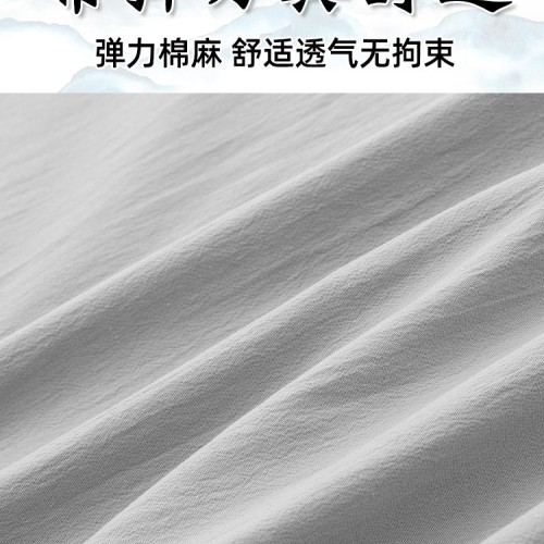 唐装男款夏季弹力棉麻V领薄款中袖T恤衫束脚裤套装古风盘扣五分袖图2