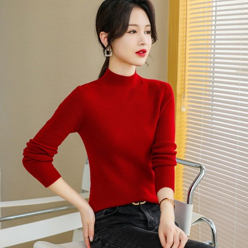 无缝一体针织衫女秋冬新款纯羊毛半高领女士羊毛衫长袖坑条打底衫
