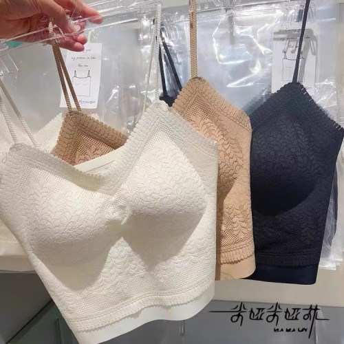 米娅琳680冰丝无痕蕾丝聚拢美背刺绣V吊带背心性感薄一体固定打底