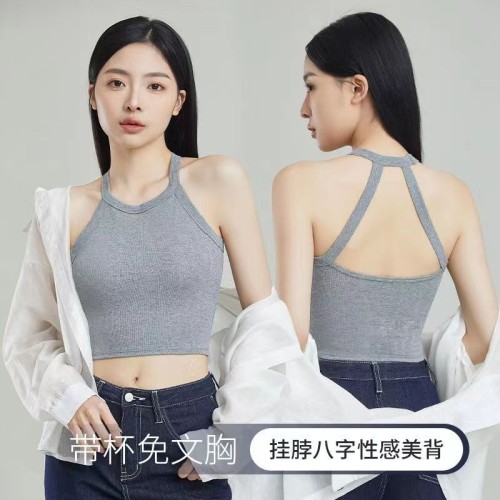 新款甜辣挂脖吊带背心带胸垫内搭外穿修身显瘦辣妹美背短款上衣女图2