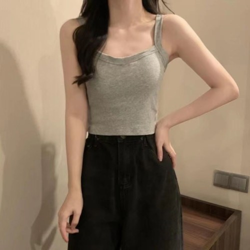 纯欲风吊带背心女带胸垫运动外穿修身显瘦无袖短款上衣打底抹胸女图3