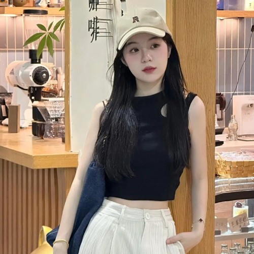 美式黑色斜肩外穿吊带小背心女夏季2024新款性感甜辣妹无袖短上衣图3