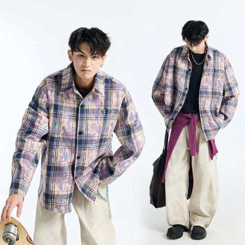 2025春季新款扎染衬衫男潮牌泼墨印花长袖格子衬衣设计感休闲宽松图3