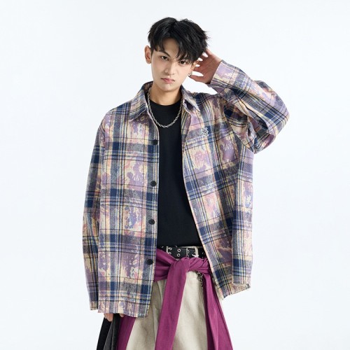 2025春季新款扎染衬衫男潮牌泼墨印花长袖格子衬衣设计感休闲宽松图2