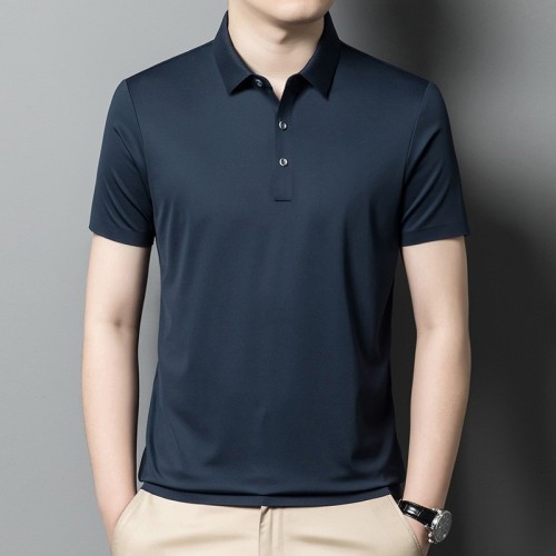 桑蚕丝短袖t恤男士夏季纯色凉感冰丝中年爸爸装宽松高级Polo衫潮图1