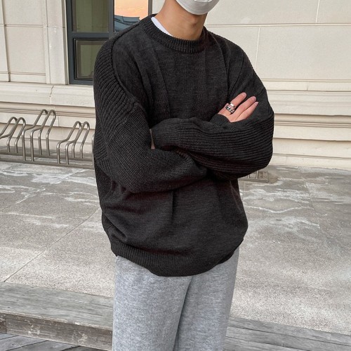 【清仓】慵懒风毛衣男士秋冬季韩版宽松潮流圆领套头纯色针织打底