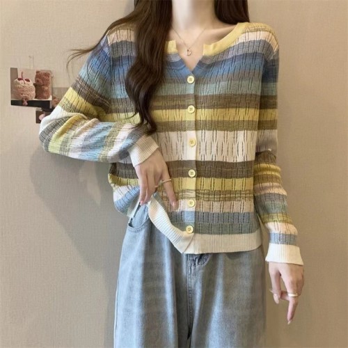 多巴胺彩色条纹针织衫秋季显瘦长袖镂空撞色毛衣彩虹开衫宽松外套图2