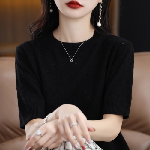 夏季新款圆领短袖纯色六边形 镂空 提花半袖女士宽松休闲针织 T恤图3