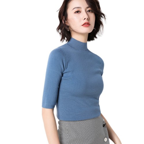 白色T恤女春装2022新款韩版半袖纯色修身中袖上衣内搭5分袖针织衫图3