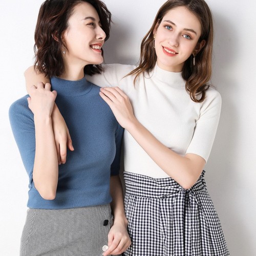 白色T恤女春装2022新款韩版半袖纯色修身中袖上衣内搭5分袖针织衫图2