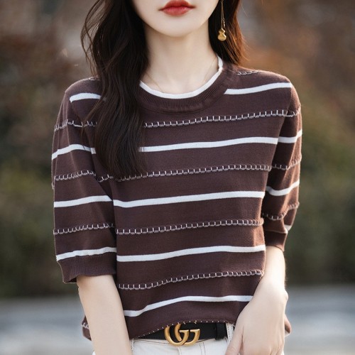 黑白条纹短袖T恤女薄款圆领撞色半袖毛衣女棉线针织大码上衣遮肚图3