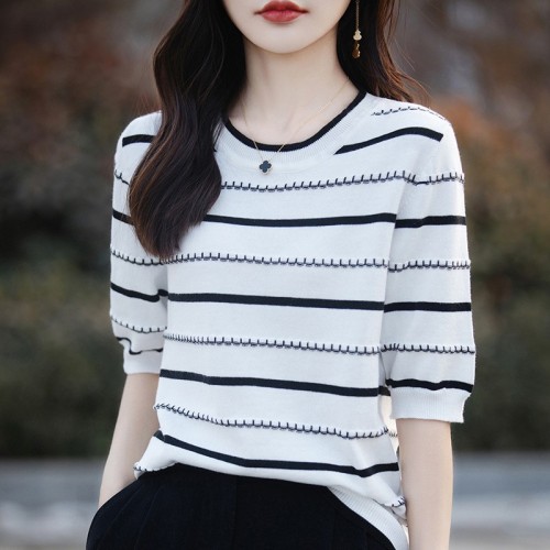 黑白条纹短袖T恤女薄款圆领撞色半袖毛衣女棉线针织大码上衣遮肚图2