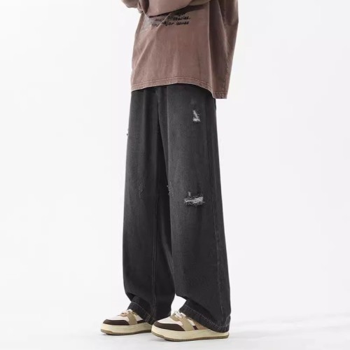 破洞牛仔裤男款春秋潮流美式复古休闲直筒长裤青少年宽松阔腿裤子图2