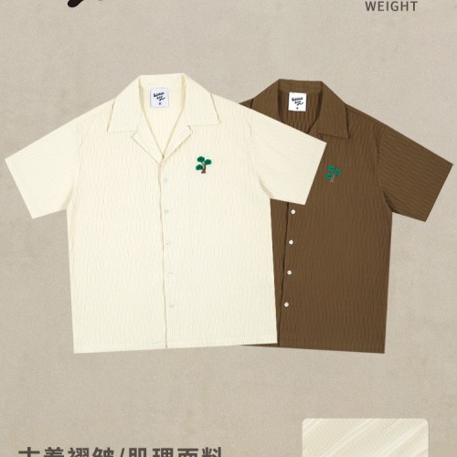2025夏季新品衬衫老钱风古巴领褶皱男女复古vintage短袖衬衣图1
