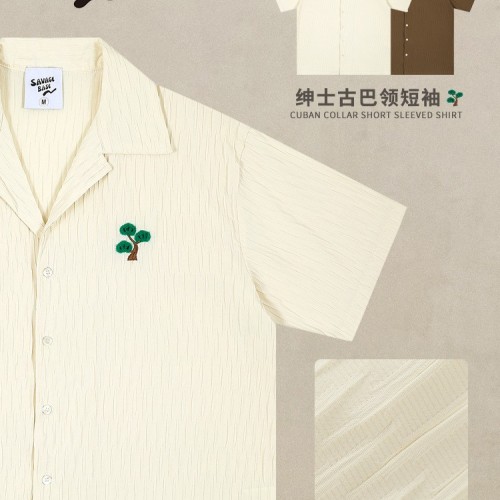 2025夏季新品衬衫老钱风古巴领褶皱男女复古vintage短袖衬衣图2