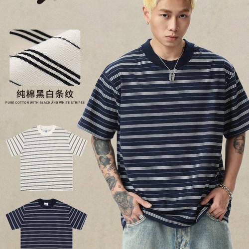 cityboy日系条纹加厚罗纹小领口T恤简约百搭休闲宽松短袖纯棉体恤图2