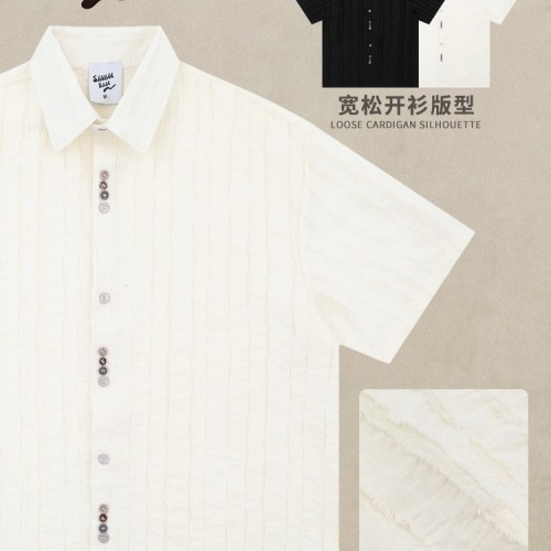 慵懒老钱风精致小众褶皱肌理衬衫2025夏季新复古情侣宽松半袖衬衣图2