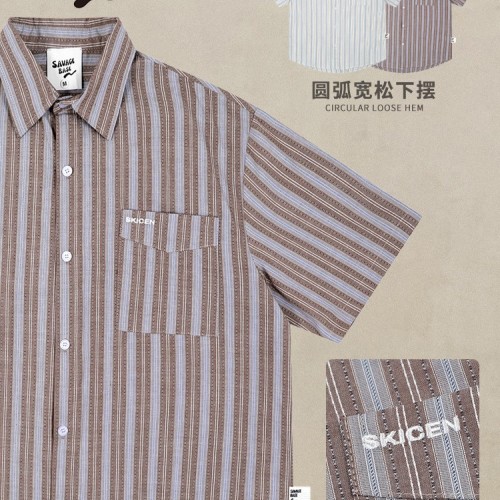 日系复古竖条纹衬衫男女夏季短袖休闲百搭高品质纯棉情侣衬衣薄款图2