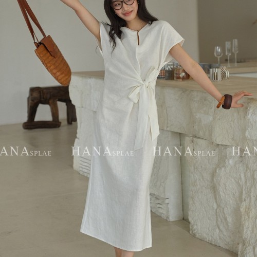 HANNA 含那亚麻连衣裙女设计感夏季新款腰间蝴蝶结显瘦中长裙 7385图1