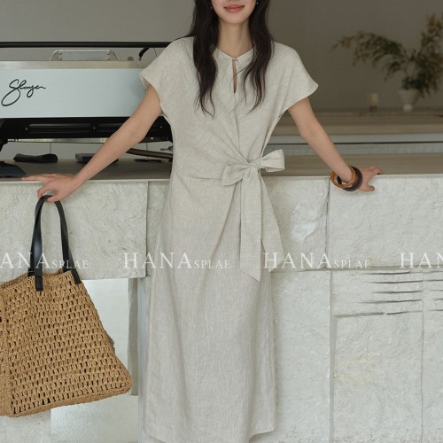HANNA 含那亚麻连衣裙女设计感夏季新款腰间蝴蝶结显瘦中长裙 7385图3
