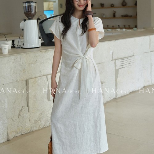 HANNA 含那亚麻连衣裙女设计感夏季新款腰间蝴蝶结显瘦中长裙 7385图2
