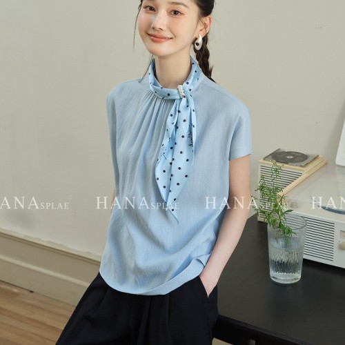 HANNA 含那飘带设计感衬衣女夏季新款精致时髦褶皱短袖 上衣H17676图1