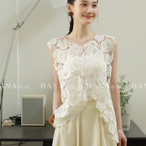 HANNA 含那蕾丝无袖上衣女夏季新款重工不规则镂空背心 外穿H17630图3