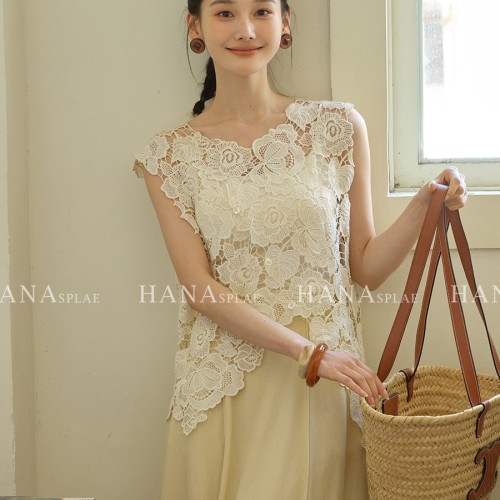 HANNA 含那蕾丝无袖上衣女夏季新款重工不规则镂空背心 外穿H17630图4