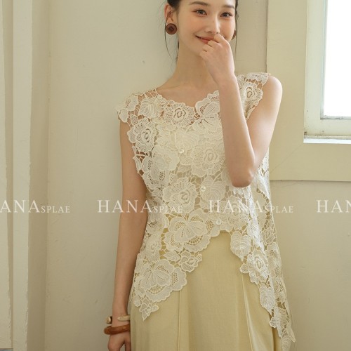 HANNA 含那蕾丝无袖上衣女夏季新款重工不规则镂空背心 外穿H17630图2