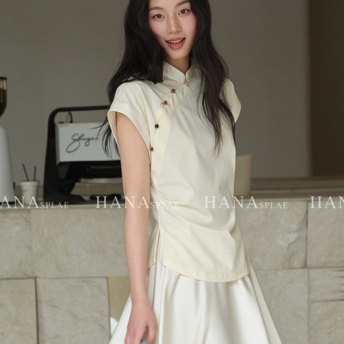 HANNA 含那新中式立领上衣女夏季新款斜襟设计感修身短袖t恤17558图1