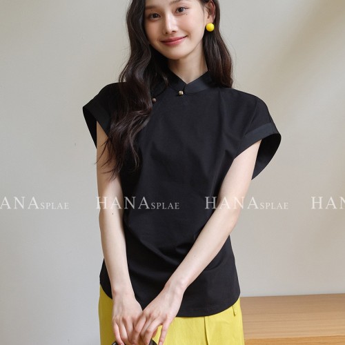 HANNA 含那新中式立领上衣女夏季新款斜襟设计感修身短袖t恤17558图3