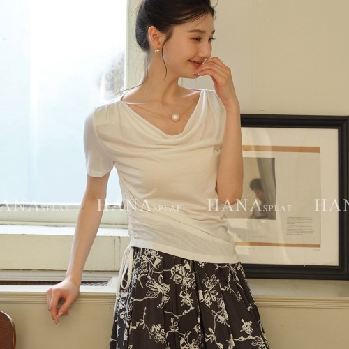 HANNA 含那十三行t恤女短袖莱赛尔夏季新款荡领设计感上 衣H17591图3