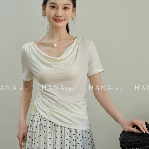 HANNA 含那十三行t恤女短袖莱赛尔夏季新款荡领设计感上 衣H17591图1