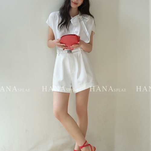 HANNA 含那高腰短裤女夏季新款褶皱独特卷边设计夏日时髦感H7310