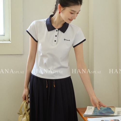 HANNA 含那miu系Polo正肩短袖t恤女款夏季新款撞色体恤上衣H17 680