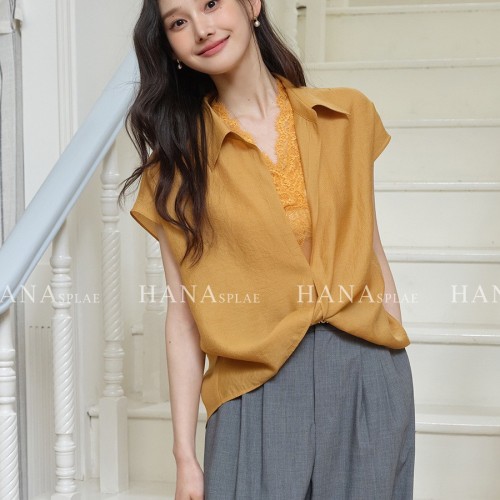 HANNA 含那夏季女装新款精致蕾丝拼接扭结衬衫上衣T恤两件套17703