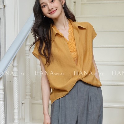 HANNA 含那夏季女装新款精致蕾丝拼接扭结衬衫上衣T恤两件套17703
